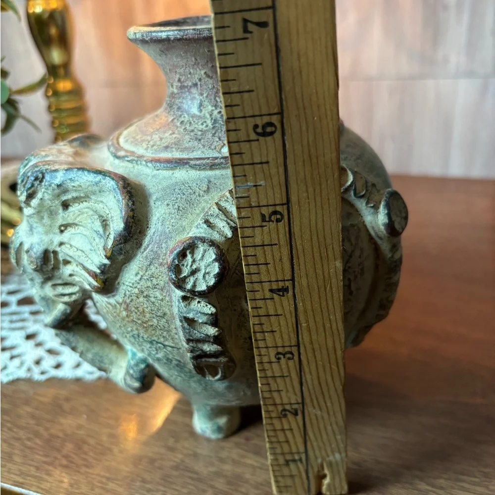 Vintage Thai Earthenware Elephant Vase in Distressed Green and Brown Terracotta